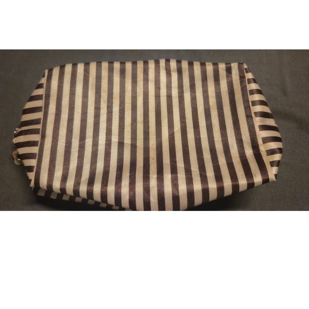 Henri Bendel Signature Brown White Striped Cosmetic Makeup Bag Travel Pouch Pink